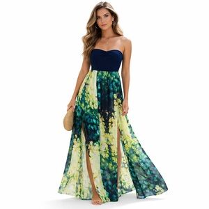 love, Fire Strapless Dress in Navy and Yellow Floral